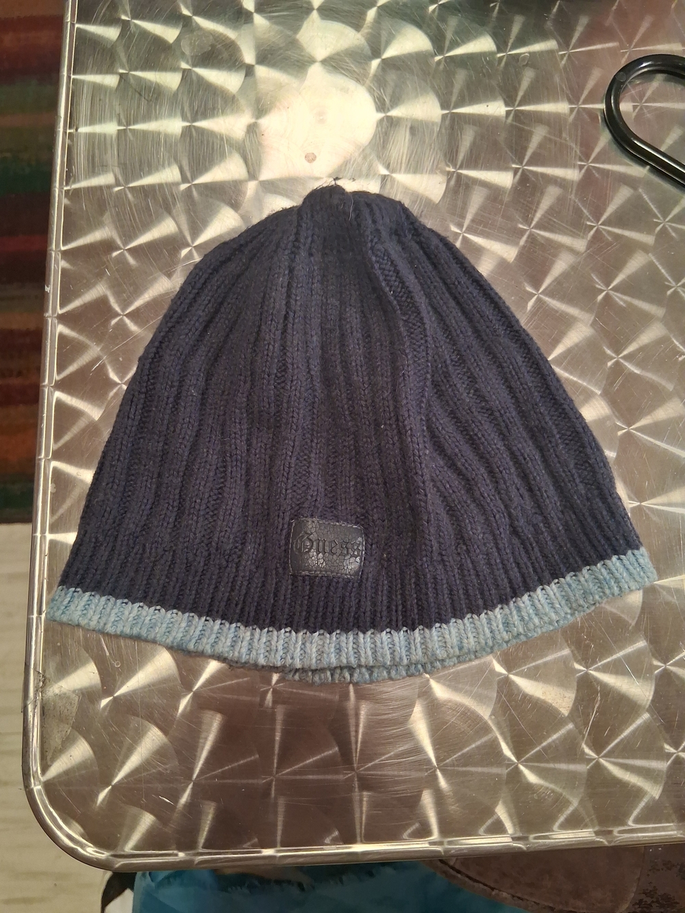 Guess Men's Navy Blue Beanie with Light Blue Trim